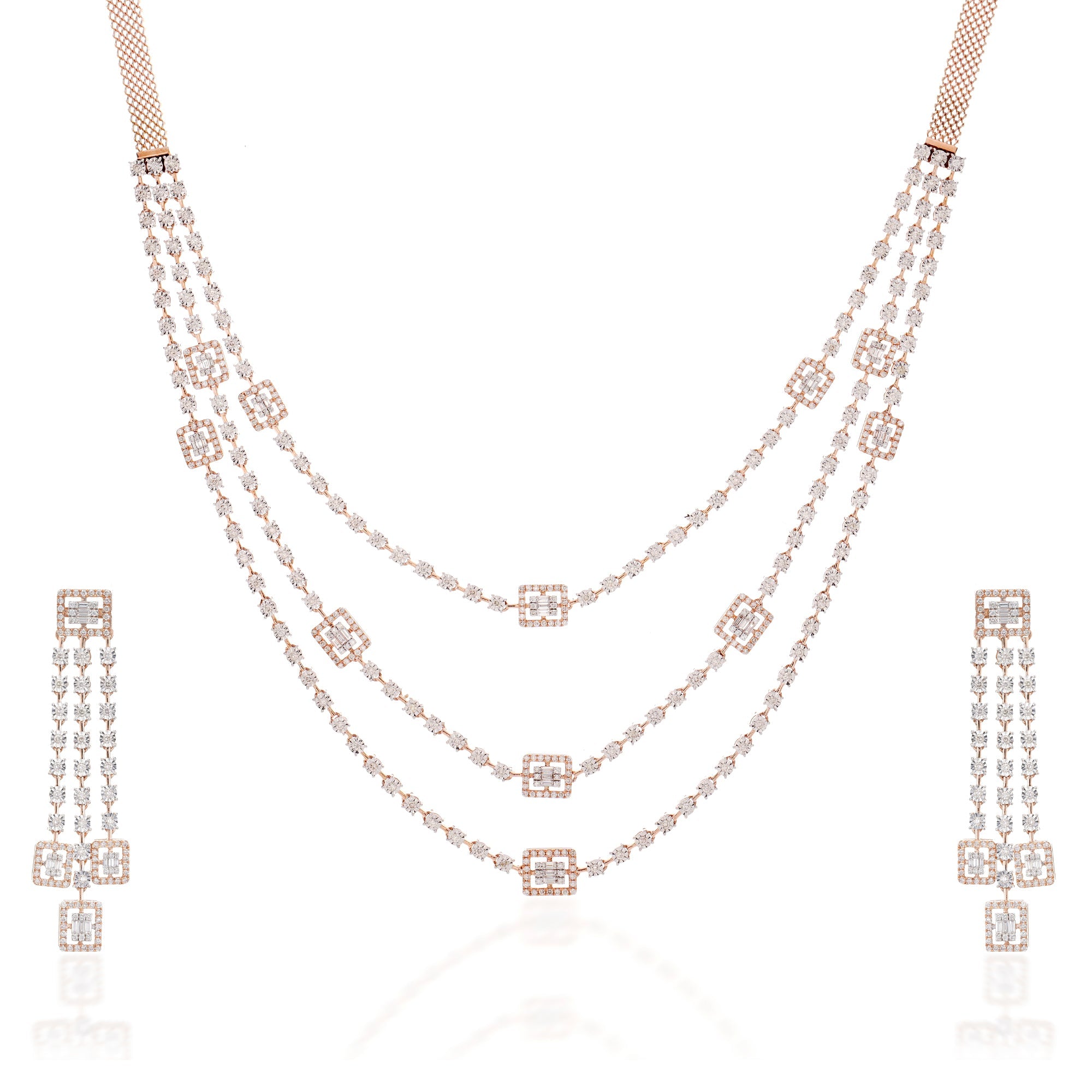 Elegant Triple Lines Diamond Necklace Set